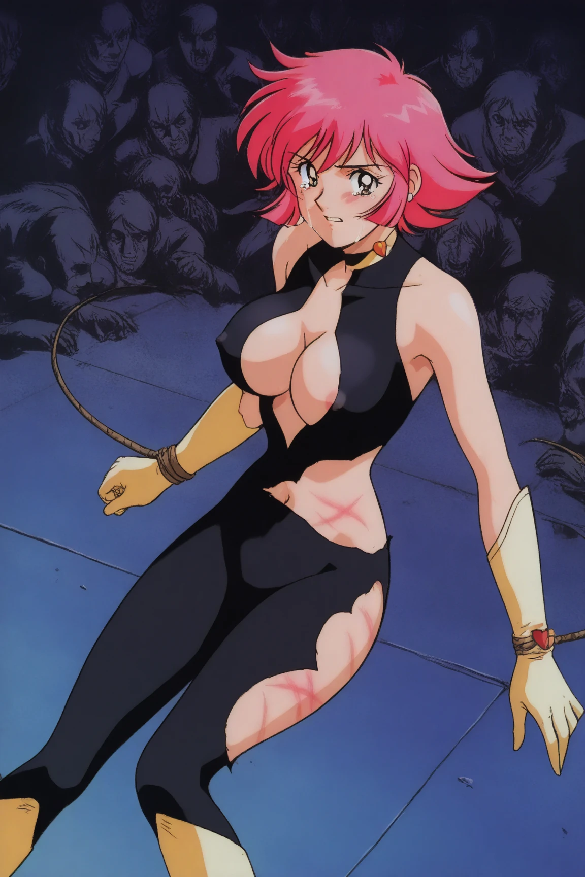 Masterpiece , best quality , Masterpiece , best quality , 1 woman , Foaming at the mouth , bulge , Pink ponytail , sly face , black bikini , abdomen , big breasts , Long legs , Barefoot , Sit down on the ground... , spread your legs , Snake strangulation , alley