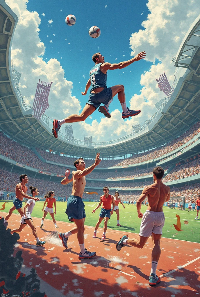 An image showing several different sports being played such as swimming, running, gymnastics and tennis.