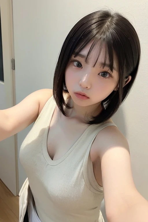 ((top quality, 8k, masterpiece: 1.3)), women (full body portrait, straight ahead, towel fabric tube top, shoulders, arms crossed, inside_sauna: 1.6), indoors, in a dark sauna room, background is white wallpaper, overhead camera, sharp focus: 1.2, cute woman: 1.4, ((black hair, bobbed head, bangs, bobbed hair)), Highly detailed face and skin and hair texture, wet body, wet face, detailed eyes, double eyelids, white skin, beautiful delicate nose, cute young Japan woman, 20 years old, with dynamic angles, featuring sensual emotions featuring calm tones and contrasting mixes of light and shadow, while emphasizing the subject's hair, eyes, mouth and action, it is a composition pleasing to the eye and suggestive.