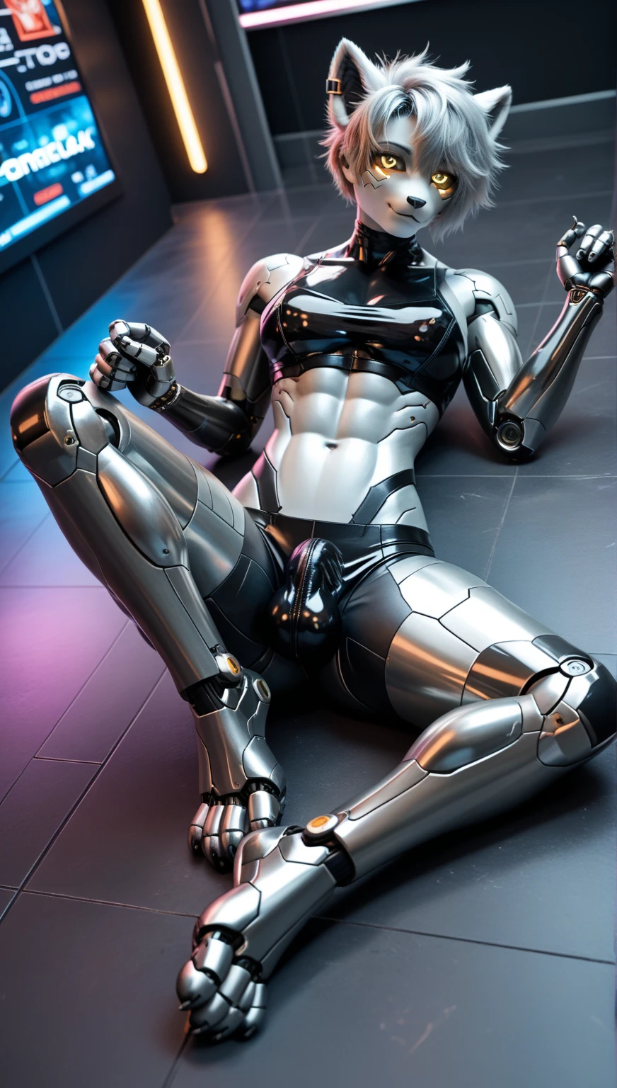 tall bionic man, corpo atletico, primeiro o rei, pelos corporais, ginger hair, barba desenhada, white speedo, LARGE BULGE IN THE UNDERWEAR, flexed biceps, robotic artificial leg prosthesis, Homem com pernas amputadas,Robotic carbon legs, gay, big buttock, ambiente de quarto, high definition, Alta qualidade e realista, show mechanical legs and foots