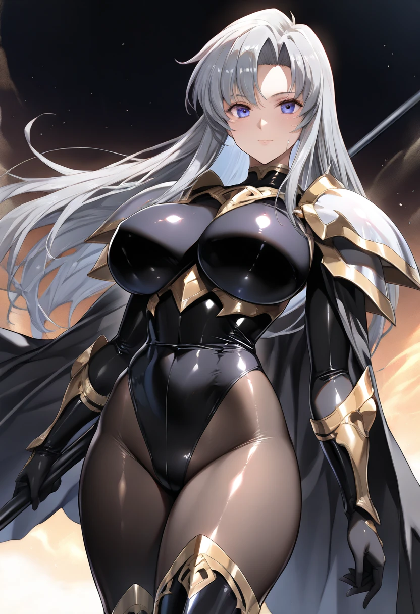 1girl, dark-skin, dark-skinned female, white hair, long hair, black leotard, white trim, fur trim, large breasts, thick thighs, belt, thighhighs, black thighhighs, knife, mature female, milf, toned, tall, shoulder armor, sleeves, long sleeves, gloves, elbow gloves,