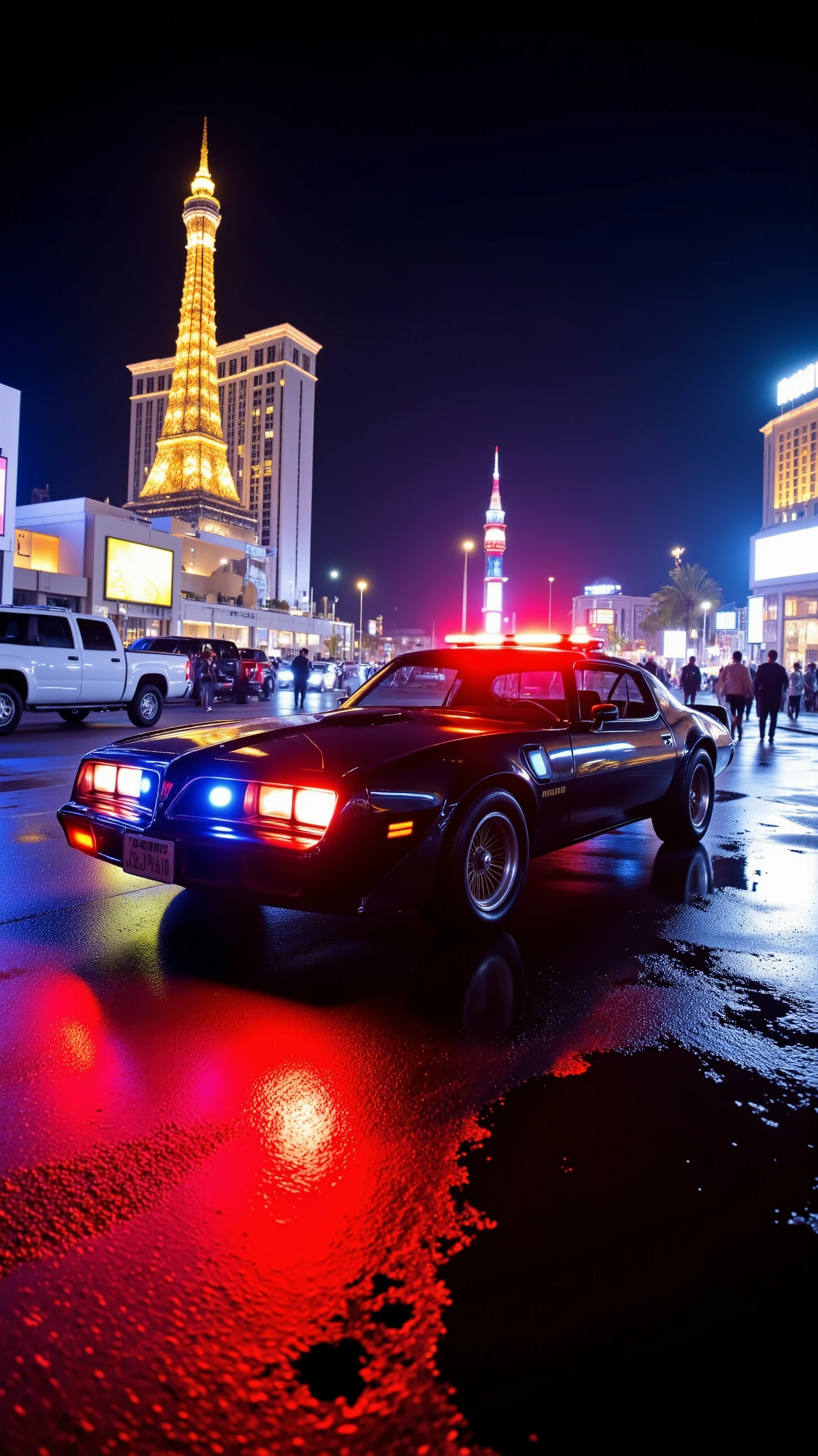 high-definition image 、camera of the police car in the parking lot captures a spectacular side view of the car、The black car Trans Am 7000(Ponteac Firebird)The parking lot in front of a Las Vegas hotel is in the background as if rotating the patrol lights to intimidate the surroundings。in the black car Trans Am 7000、Teeth in the parking lot、 frame teeth in this cinematic shot。while the red and blue patlights spin、and a mirror-like surface towering on both sides of the road It shines in a neon atmosphere、showing bright red and blue patrolights dancing on the ground and city lights。are wrapped in a kaleidoscope of、skyscrapers and、sheriff woman wearing a cowboy hat jumps out、cars and people play leading roles、パトライトが周りを照らす