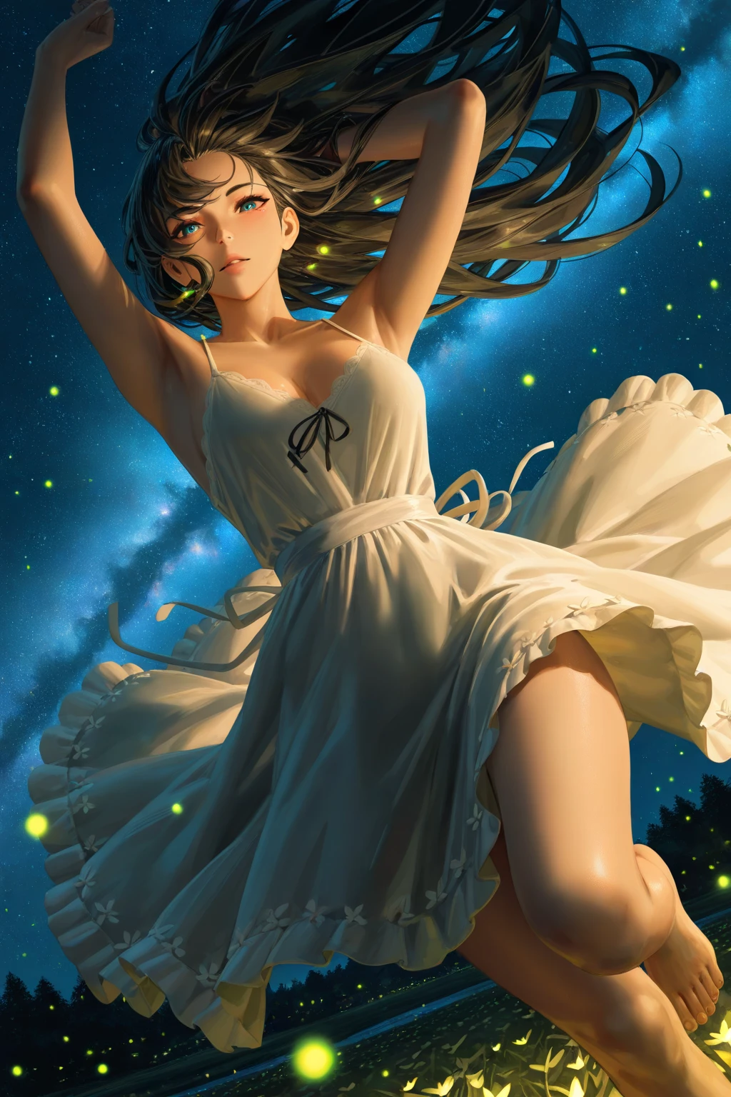 1 greek girl + cinnamon-smelling caramel hair + dark almond-shaped eyes + face that appeared to be timeless + white sleeveless Greek dress + low circular neckline trimmed in gold + radiate a natural glow in the moon light + shapely + anime + Curvilinear
