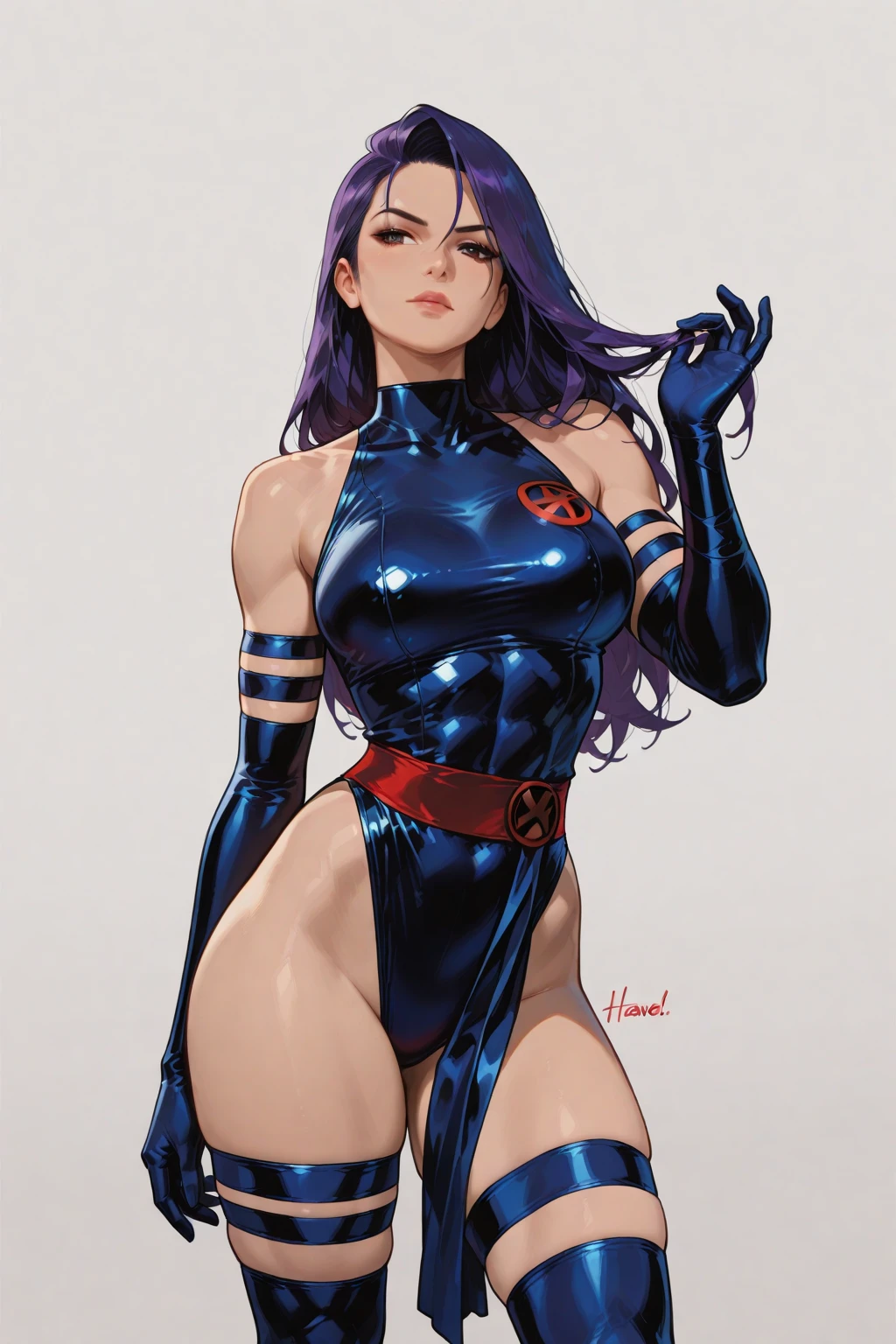 beautiful, (masterpiece:1.2), (best quality:1.2), pov, 1girl, psylocke, leotard, thigh highs,  <lora:psylocke-10:0.8>, foreshortening, depth, simple gradient background