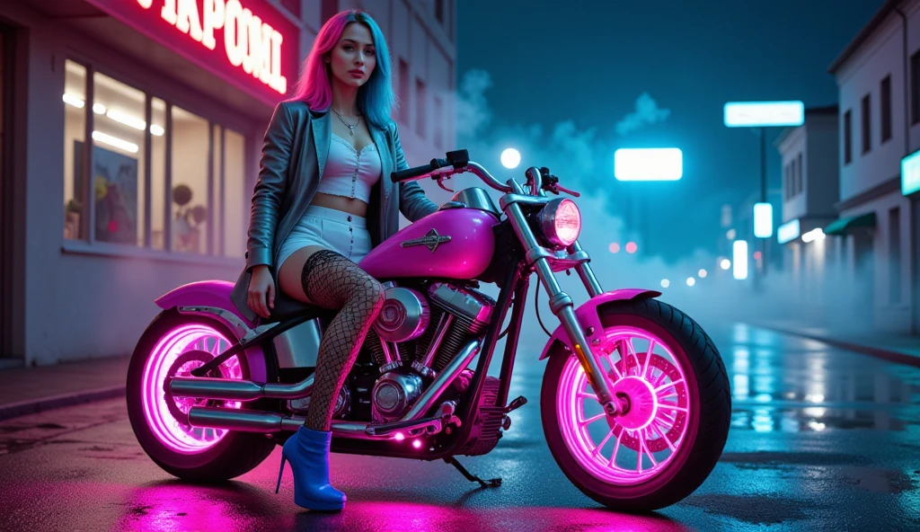Mean Girl, a mean girl, (Hipster bad pin-up girl with shorts:1.2), chopper bike, chilling, neon punk city background, 8k, concept art, by Greg Rutkowski, (perfect anatomy:1.5) , high contrast, digital, clear focus, cinematic, intricate details, darkly comedic,