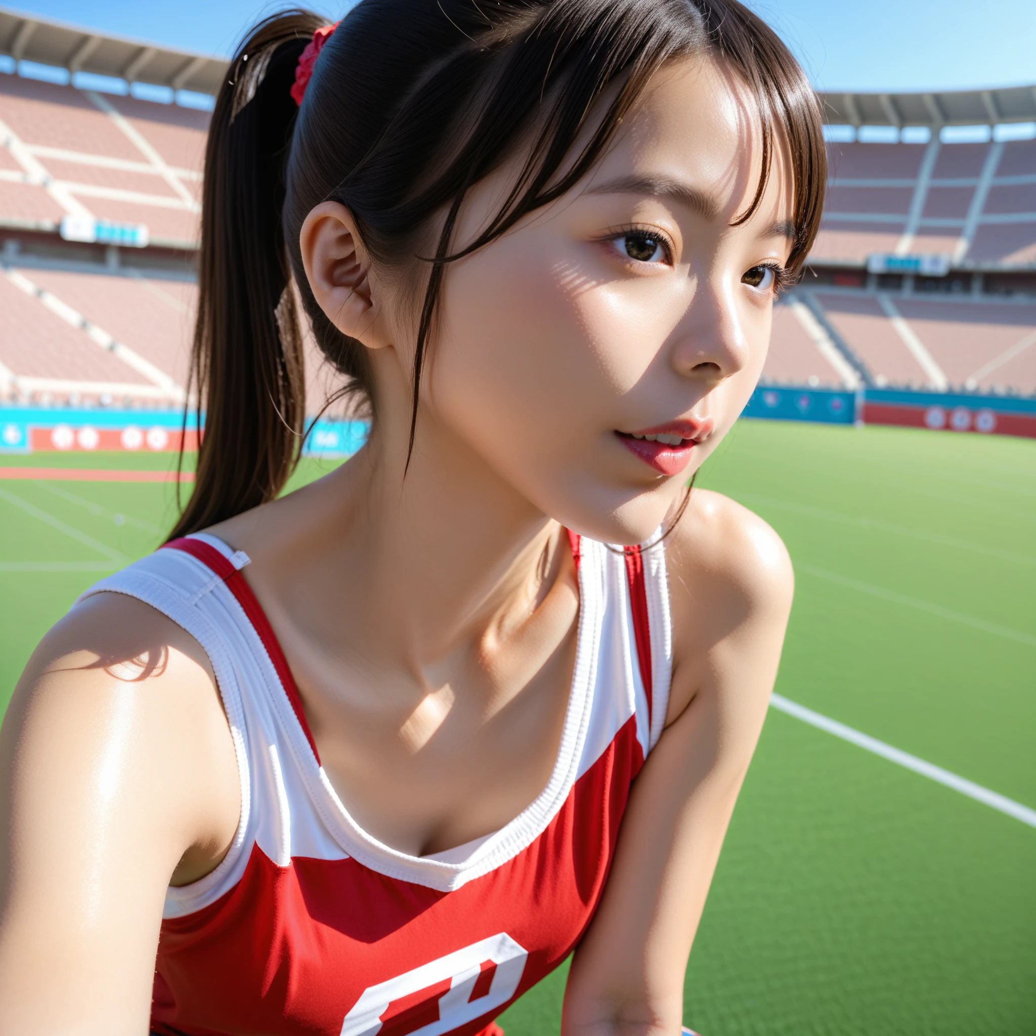 (8K, RAW Photos, Highest quality, masterpiece: 1.2), masterpiece, Super Detail, Ultra-high resolution energy A, (Realistic and photorealistic photography: 1.37), High-resolution RAW color photos, Very delicate and beautiful., About Igree, 8K Wallpaper, Amazing, detailed, 非常にdetailedな目, 非常にdetailedな皮膚, 非常にdetailedな指, 非常にdetailedな鼻, 非常にdetailedな口, Perfect Anatomy,One girl, (Soccer uniforms), Blurred, Blurred Background, Blurred foreground, blush, Braiding, Pectoral muscle, Depth of written boundary, Eyebrows visible through hair, Frilled, Hair between the eyes, Football Stadium、 soccer ball、Navel-baring look、The cleavage appears larger、goal、short hair, alone, huge 、Nogizaka Idol、Japanese Idol、Gravure idol pose、 star、18-year-old、expensive、Korean Idol、Nogizaka Idol、 star、Gravure idol pose、((Esbian all over)),