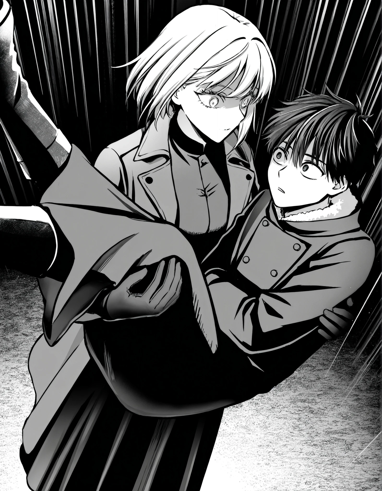 1girl, short hair, white hair and large expressive eyes,long dark dress,coat ,boots,manga style,clean black and white line art,shading on the clothing,,1boy, black hair, female carrying male