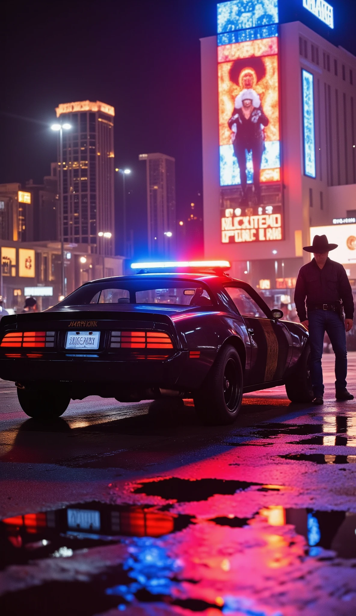 high-definition image teeth、camera of the police car in the parking lot captures a spectacular side view of the car、The black car Trans Am 7000(Ponteac Firebird)The parking lot in front of a Las Vegas hotel is in the background as if rotating the patrol lights to intimidate the surroundings。in the black car Trans Am 7000、Teeth in the parking lot、 frame teeth in this cinematic shot。while the red and blue patlights spin、and a mirror-like surface towering on both sides of the road It shines in a neon atmosphere、showing bright red and blue patrolights dancing on the ground and city lights。are wrapped in a kaleidoscope of、skyscrapers and、sheriff woman wearing a cowboy hat jumps out、cars and people play leading roles。