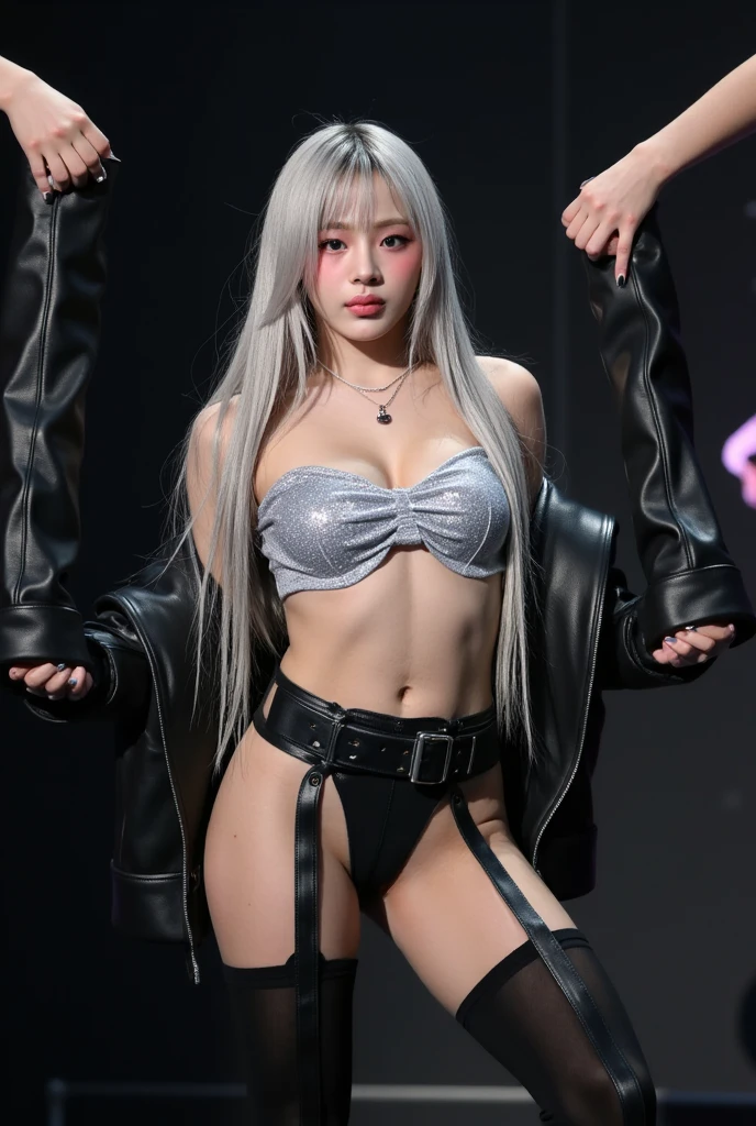 realisticlying, hight resolution, 1 rapariga, Silver hair, Korean people, brue eyes, black lace up panties，Bondage Fashion, The tattoo, piercings, Bloods, dripping white liquid, Large amount of liquid , Gel that adheres to the skin, Mass sweat, Body wet with sweat, Beads of sweat dripped down my buttocks，‎Classroom，s Office, meeting room，class，Large chest，Wide buttock，Diagonally forward, Angle from below, s ass，tight thighs, so that all thighs are visible, kneel down on the ground，Look into the camera，ssmile，wide wide shot，Cinema Lens，Skin glow，