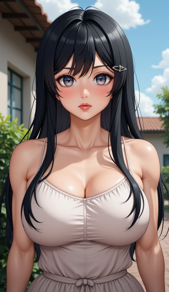 Long black hair,black coloured princess dress, standing,blue colour eyes,ultra realistic detailed shiny blue eyes, beautiful and perfect face, sunlight and garden background, Violet Evergarden's hairstyle, black hair, bright blue colour eyes