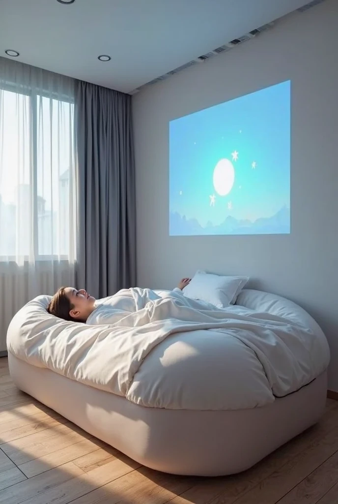 There is a woman and a child lying in bed, summer morning light, summer night, summer morning, fan hals, 8 0 0 mm, 4 0 0 mm, cinematic morning light, 3 0 0 mm, 300 mm, radiant morning light, warm sunlight, Alexei Egorov, product introduction photos, almost at night, hyper-realistic, very realistic, ultra-realistic,