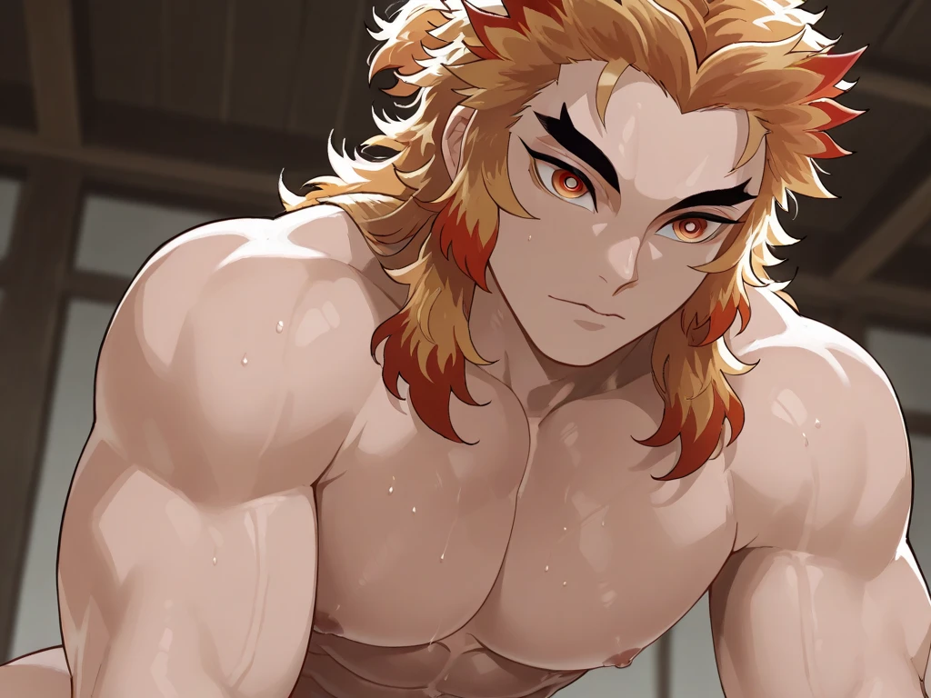 ((best quality)), ((masterpiece)), (detailed), A cat male character, naked body, huge penis, dusting in the house, huge bulge, men, he has light red hair, muscular body, very detailed, UHD, 8k, cinematic