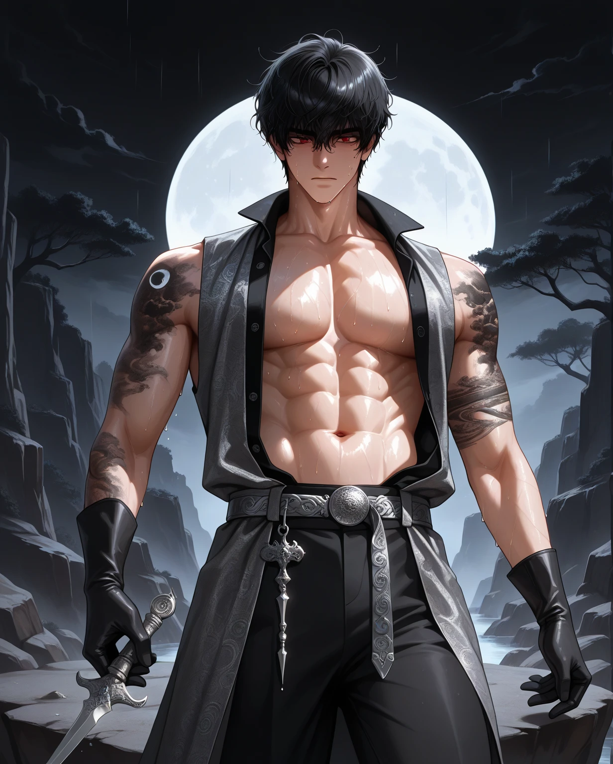 Man, shirtless, wearing black pants, black shoes, very muscular, well-toned arms, black hair, black eyes, full body, serious face, wearing glasses, standing on a concrete walkway, with an aura of ice around him , blue shine. well-muscled arm, fantasy forest background (solo man).
