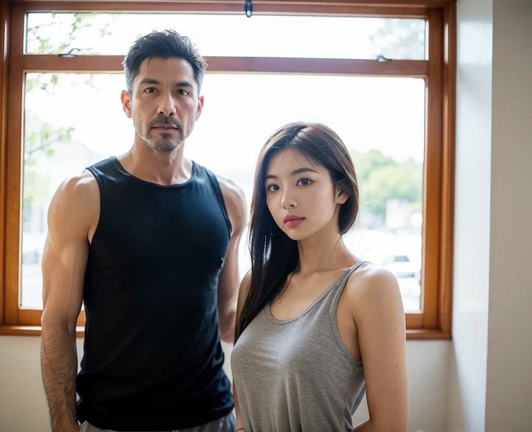 mage divided into two parts:
Left side:
A muscular man (Zhe Ming) wearing a security uniform, looking intensely to the right.
In the background, a shadowy silhouette of him in boxing clothes, hinting at his past.
Right side:
A beautiful young woman (Jin Hua) with her eyes closed, smiling softly.
She holds a white cane and has a Golden Retriever guide dog by her side.
Image Center:
Zhe Ming and Jin Hua's hands touch in the middle, forming a heart.
Additional elements: