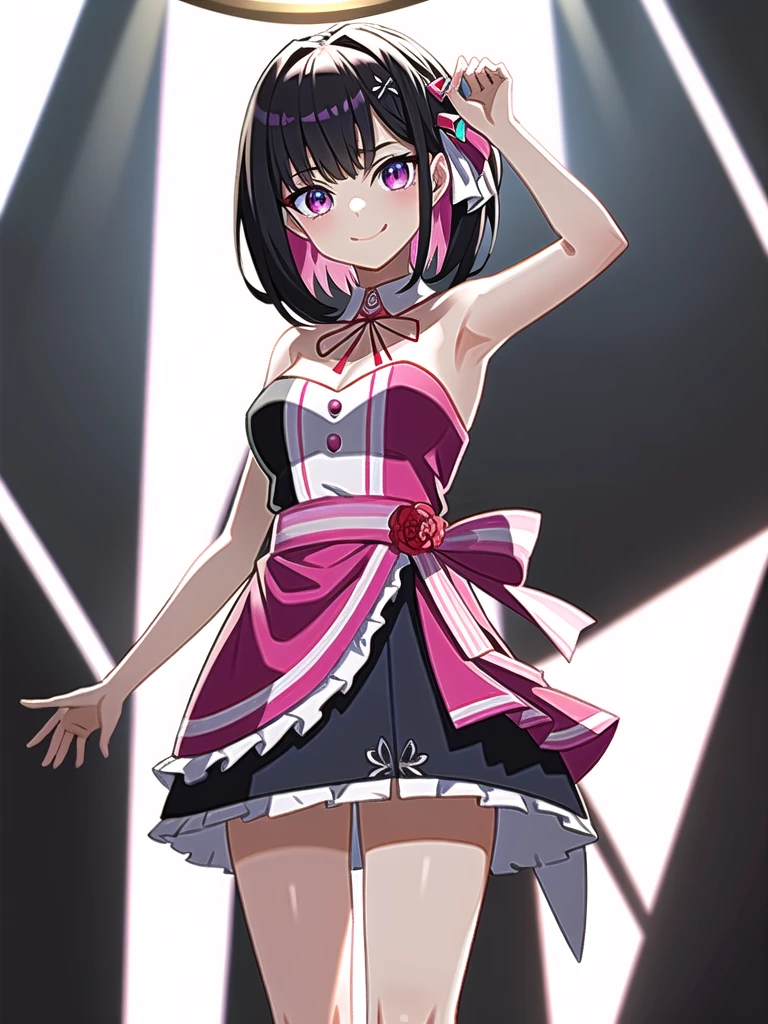 (highres, best quality), mirishita style, 1girl, solo, {idol dress, masterpiece}, {dynamic}, smile, black hair, red eyes, {bangs}, short hair