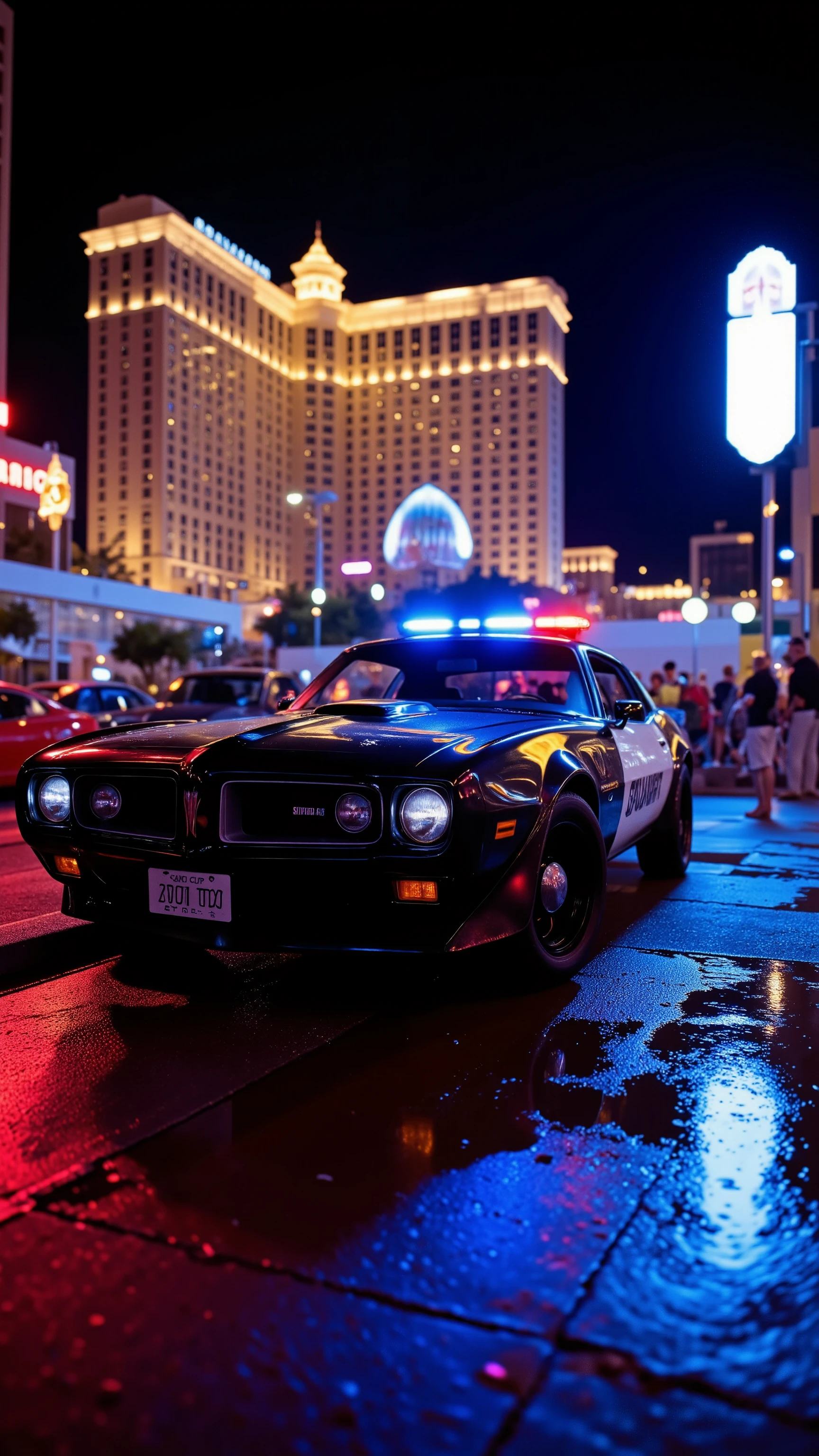 high-definition image 、camera of the police car in the parking lot captures a spectacular side view of the car、The black car Trans Am 7000(Ponteac Firebird)The parking lot in front of a Las Vegas hotel is in the background as if rotating the patrol lights to intimidate the surroundings。in the black car Trans Am 7000、Teeth in the parking lot、 frame teeth in this cinematic shot。while the red and blue patlights spin、and a mirror-like surface towering on both sides of the road It shines in a neon atmosphere、showing bright red and blue patrolights dancing on the ground and city lights。are wrapped in a kaleidoscope of、skyscrapers and、sheriff woman wearing a cowboy hat jumps out、cars and people play leading roles、パトライトが周りを照らす