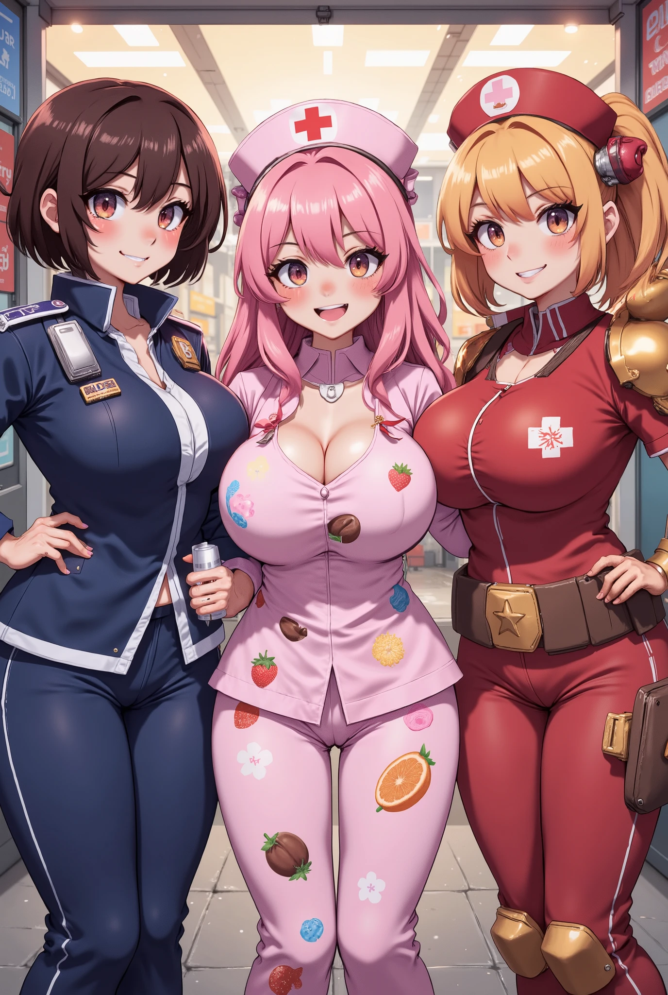 （（super high quality,Ultra-high resolution,16K,super masterpiece,Ultra HD ,Detailed shading,））Park at night,（（３People Women,Sexy older sisters））,Cleavage,Yellow jumpsuit,White belt at waist,popped Tight collar,smile,blush,Sweaty,holding a microphone in his hand,A small amount of drooling,