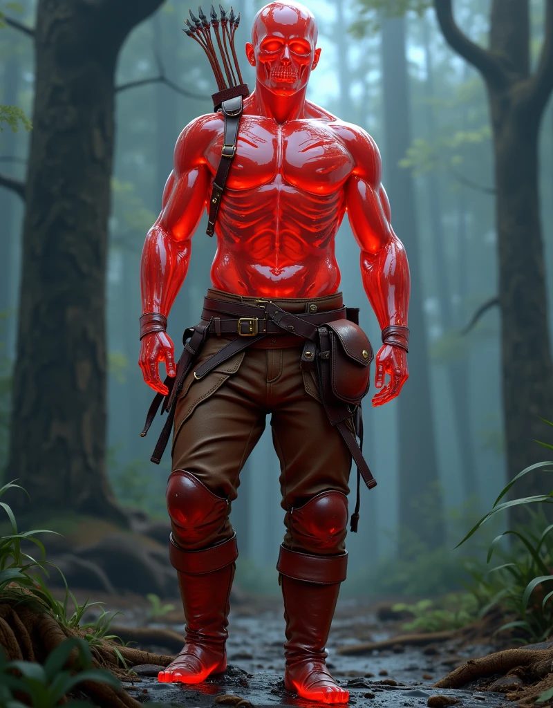 An 18 year old man, muscular, full of red paint, with two axes with orange fire glasses a wound on his cheek so you can see his mouth,in the middle of a forest, with a serious expression, a brown bag, and with bandages on his hands