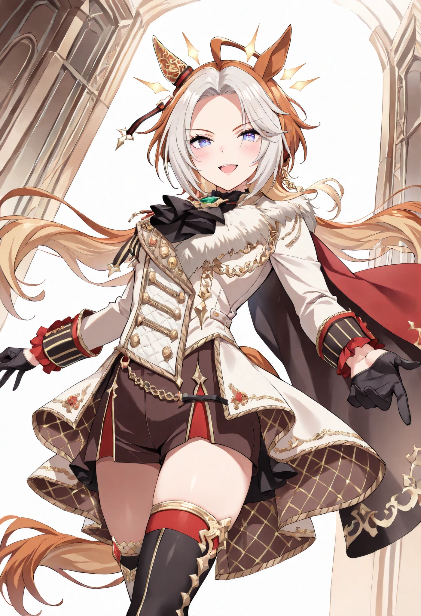 (masterpiece, best quality, perfect face:1.4), wide angle, orfevre\(umamusume\), 1girl, symbol-shaped pupils, floating hair, single ear ornament, gold hair ornament, horse ears, horse tail, tail on the lower back, proportional body, proportional, beautiful hair, beautiful face, beautiful detailed eyes, beautiful clavicle, beautiful body, beautiful chest, beautiful thigh, beautiful legs, beautiful fingers, BREAK, mismatched thighhighs boots, cape, brown half gloves, ascot, brown skirt, red cape, beige cropped jacket, beige overskirt, brown shorts, BREAK, blush happy smile (open mouth), textured skin, realistic skin, HDR, BREAK, good hands,

