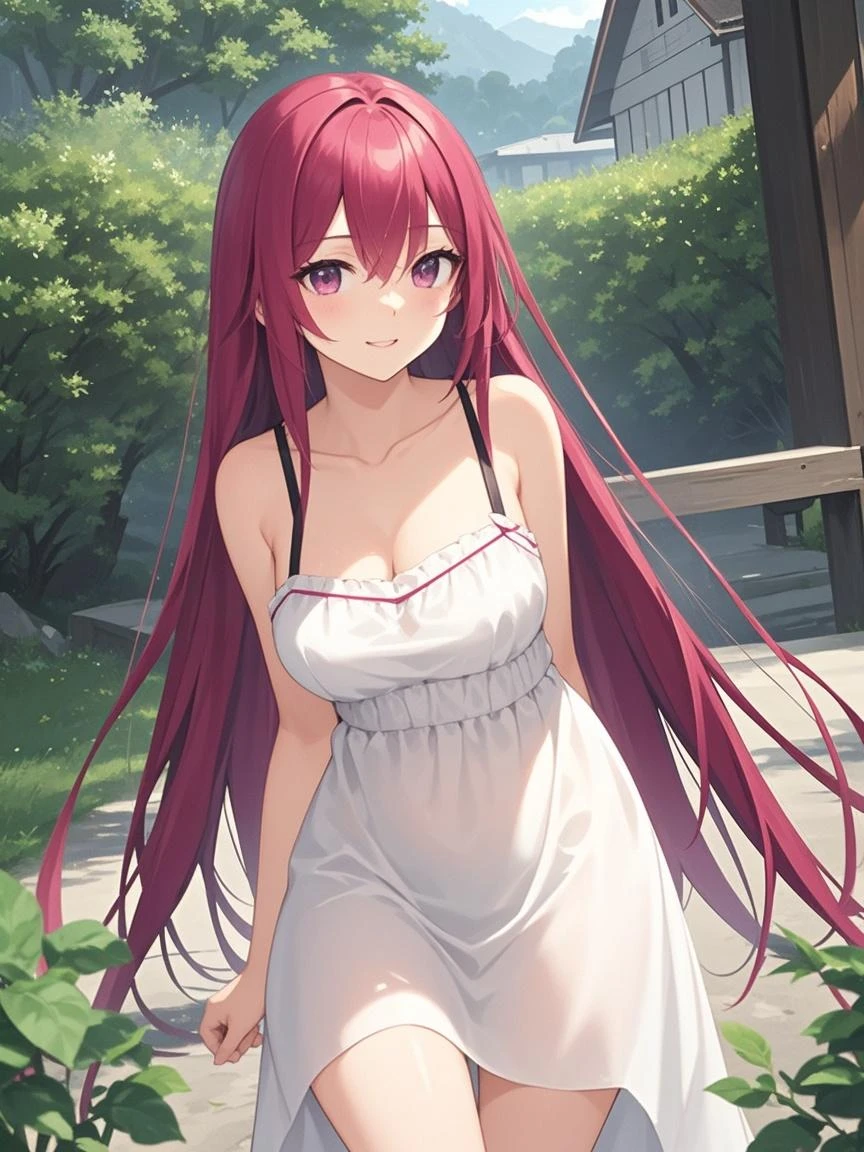 (masterpiece), (Highest quality), (Very detailed), 1 Girl, Sexy pose, blush,Large Breasts、Transparent nipples、 Wearing a camisole, Happy, Looking at the audience, voluminous long hair、, Red hair, In the forest park, shy,
