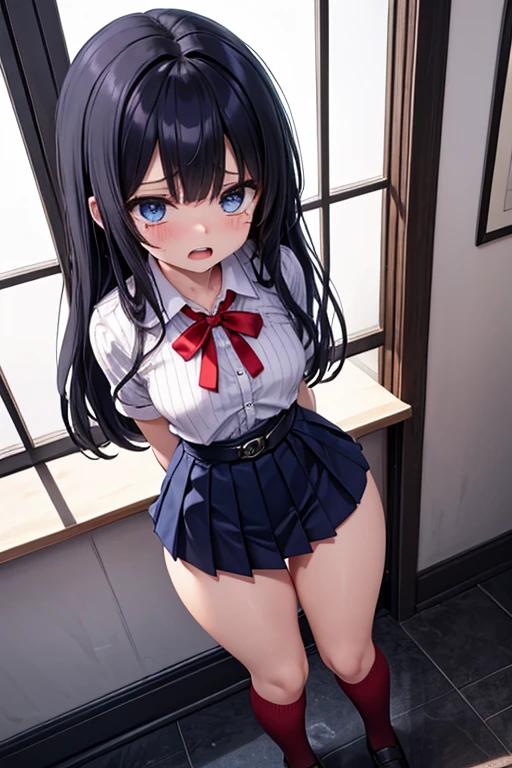 (masterpiece, best quality:1.2),illustration,8k,hd,1girl,solo,upper body,(portrait:1.2),horns,large breasts,very long hair,black hair,skirt,bow,pleated skirt,white shirt,red bowtie,short sleeves,collared shirt,parted bangs,(((shiny skin))),(summer sailor uniform, serafuku, red butterfly tie, naby pleated micro skirt, celeste string panties), sitting, squatting, spreading legs, (((torn clothes, dripping wet clothes))), white long loose socks