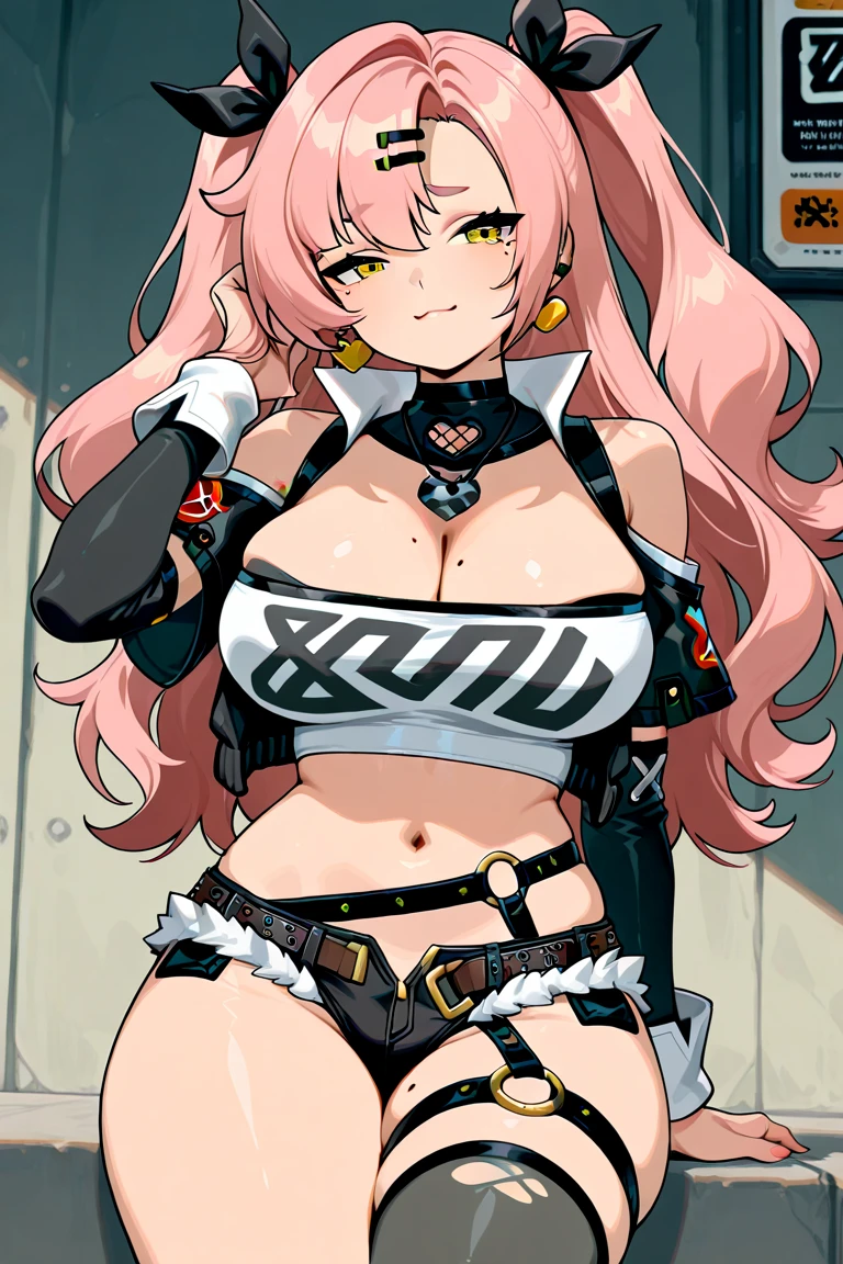 1girl, two_side_up,solo, large_breasts ,highres, nicole_demara,1girl,hair_ribbon, crop_top, looking_at_viewer, cowboy shot, masterpiece, best quality, absurdres, newest,