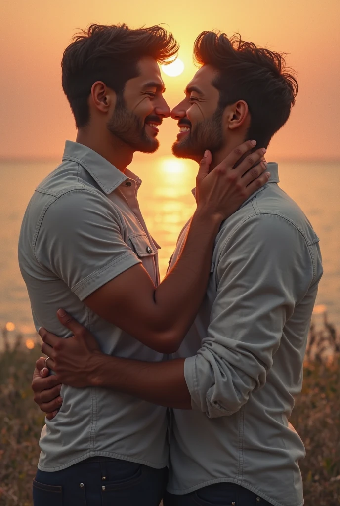 gay couple, where one is a Latino teenage boy, straight medium hair, light eyes, well-defined jaw, athlete's body and charming smile. While the other is a Brazilian teenage boy, medium-long curly hair, dark brown eyes, diastema, dancer's body, goatee and dazzling smile 