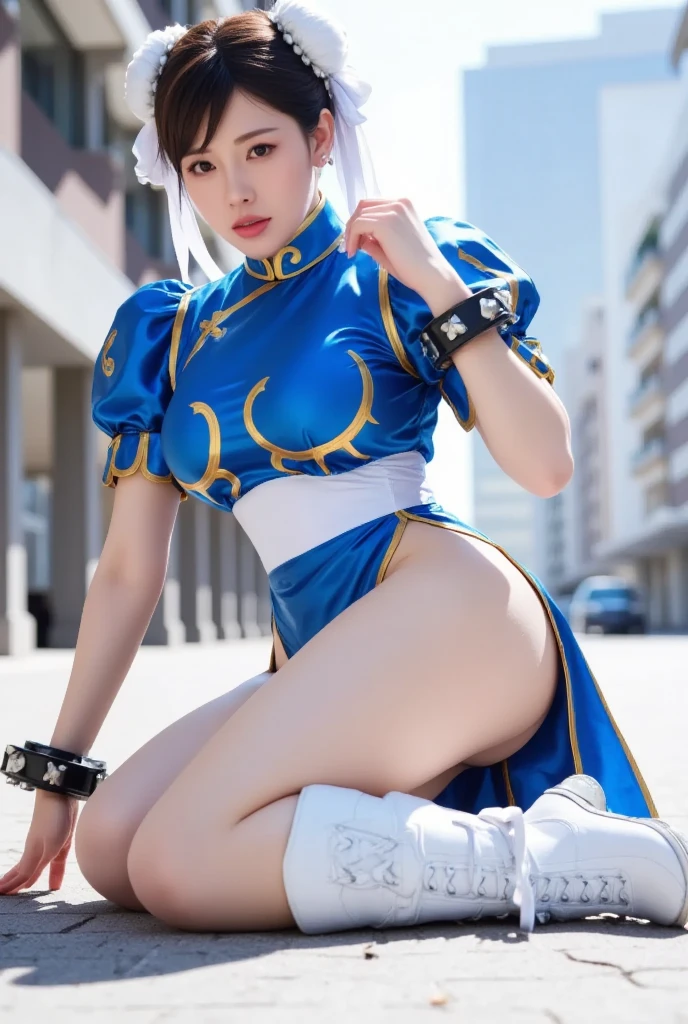 Street Fighter's Chun Li, very beautiful girl, small man's waist, long leg proportions, longeyelashes, determined, white high boots, best light and shadow, upside view, Capcom style, Ultra HD, 8K, real skin, all over the body, Chun Li's signature action, black stockings, big watery eyes, high nose bridge, small mouth, big breasts, wide crotch, Chun Li's classic clothing, mature, 30 years old, full body, barefoot, focused feet, Close-up of footsteps, leg lift, foot
