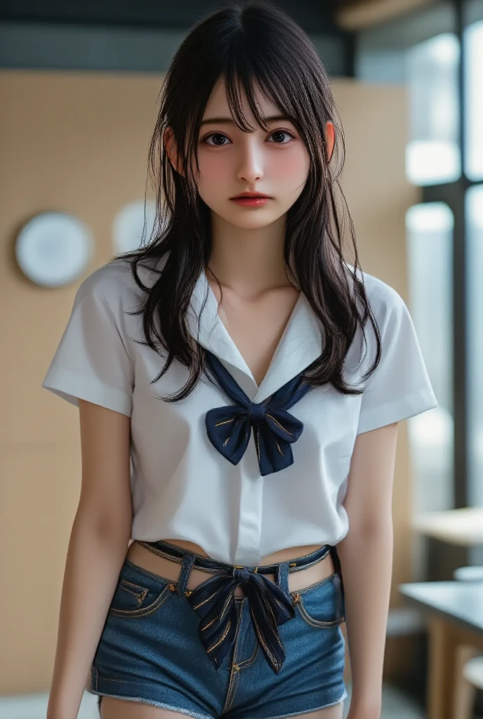 earrings, jewelry, choker, skirt, open mouth, long hair, school uniform, smile, sailor collar, 1girl, solo, looking at viewer, pleated skirt, serafuku, ear piercing, indoors, piercing, collarbone, black choker, arms behind back, mole, blue skirt, mole under eye, :d, blonde hair, neckerchief, bangs, blush, shirt, otoko no ko, short sleeves, eyebrows visible through hair, blue sailor collar, one side up, standing