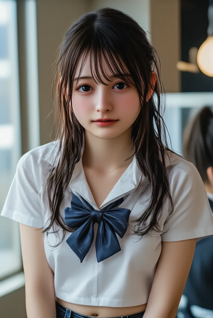 there is a woman in a school uniform posing on the ground, a hyperRealistic schoolgirl, cute schoolgirl, hyperRealistic schoolgirl, exhausting japanese school uniform, Realistic , japanese school uniform, japanese , Realistic young gravure idol, beautiful anime high school girl, exhausting , young and pretty gravure idol, Dressed as 