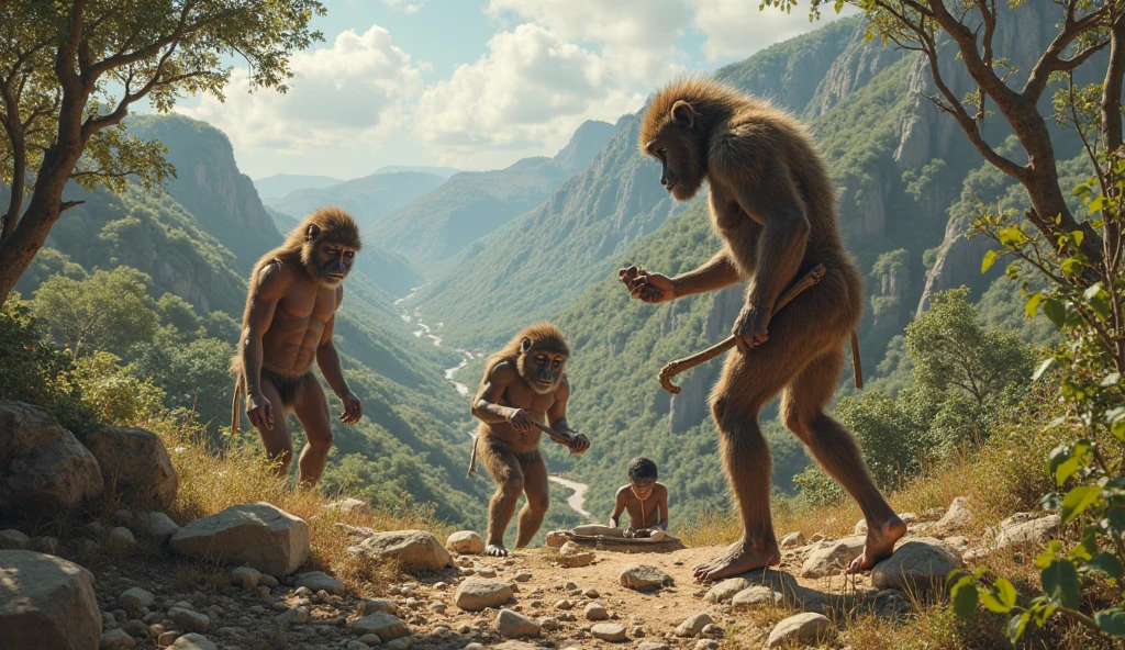 Neanderthal meeting other cavemen, discovery of the extant tribe of Homo neanderthalensis, Caucasus region, large upper torso and small legs, wearing animal skin