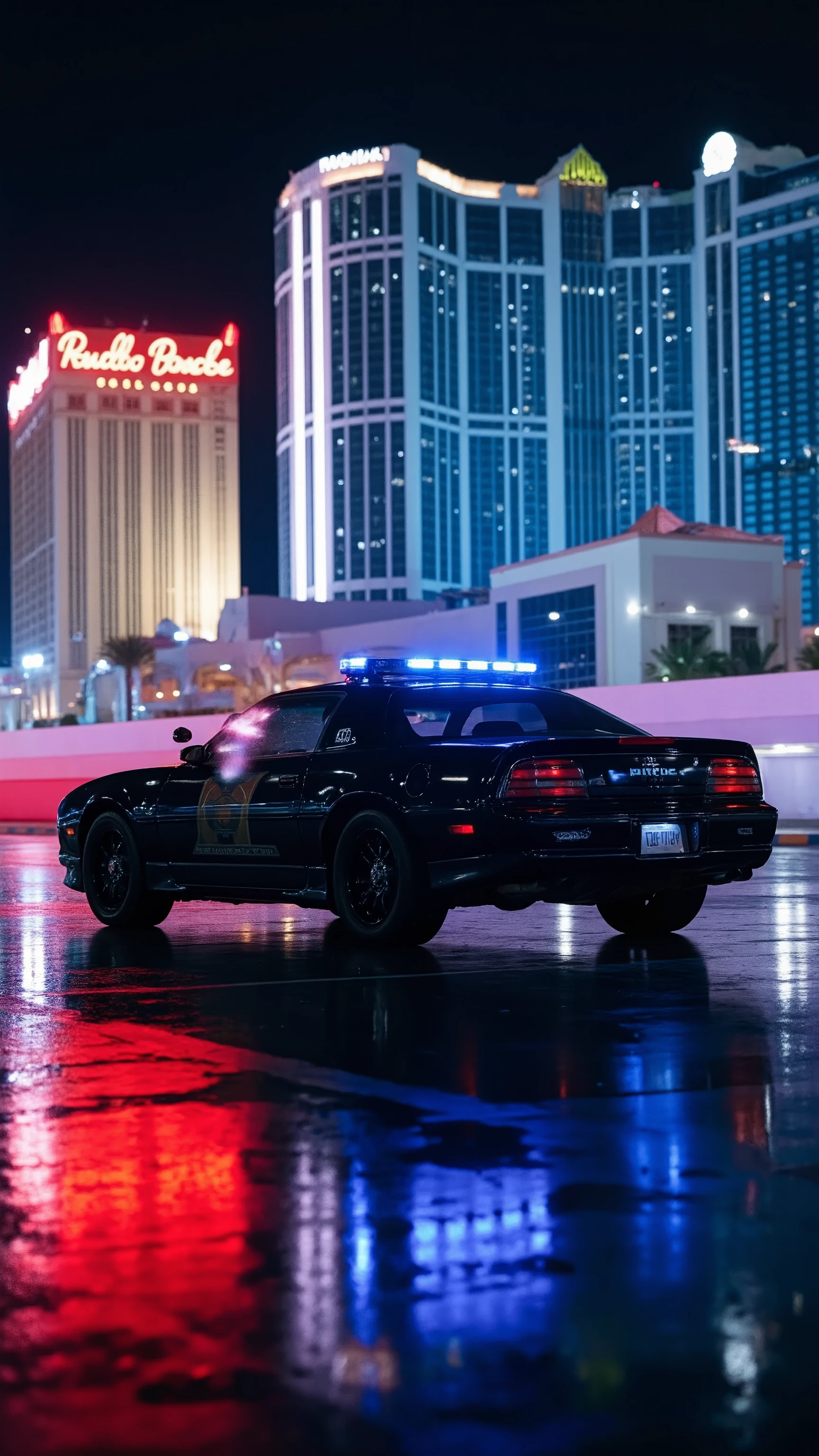 high-definition image 、camera of the police car in the parking lot captures a spectacular side view of the car、The black car Trans Am 7000(Ponteac Firebird)The parking lot in front of a Las Vegas hotel is in the background as if rotating the patrol lights to intimidate the surroundings。in the black car Trans Am 7000、Teeth in the parking lot、 frame teeth in this cinematic shot。while the red and blue patlights spin、and a mirror-like surface towering on both sides of the road It shines in a neon atmosphere、showing bright red and blue patrolights dancing on the ground and city lights。are wrapped in a kaleidoscope of、skyscrapers and、sheriff woman wearing a cowboy hat jumps out、cars and people play leading roles、パトライトが周りを照らす