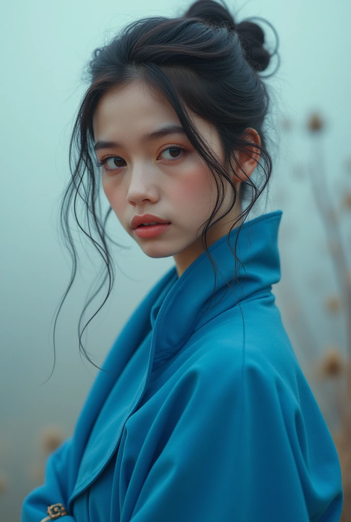(Best quality, 8k, 32k, Masterpiece, UHD:1.2), NSFW, Japanese Model, Emi Fukuda Face, large breasts, concise bob hair, upper body, face focus, maxi dress, no bra, simple background, cinematic lighting, sunset, from above, looking at the viewer,