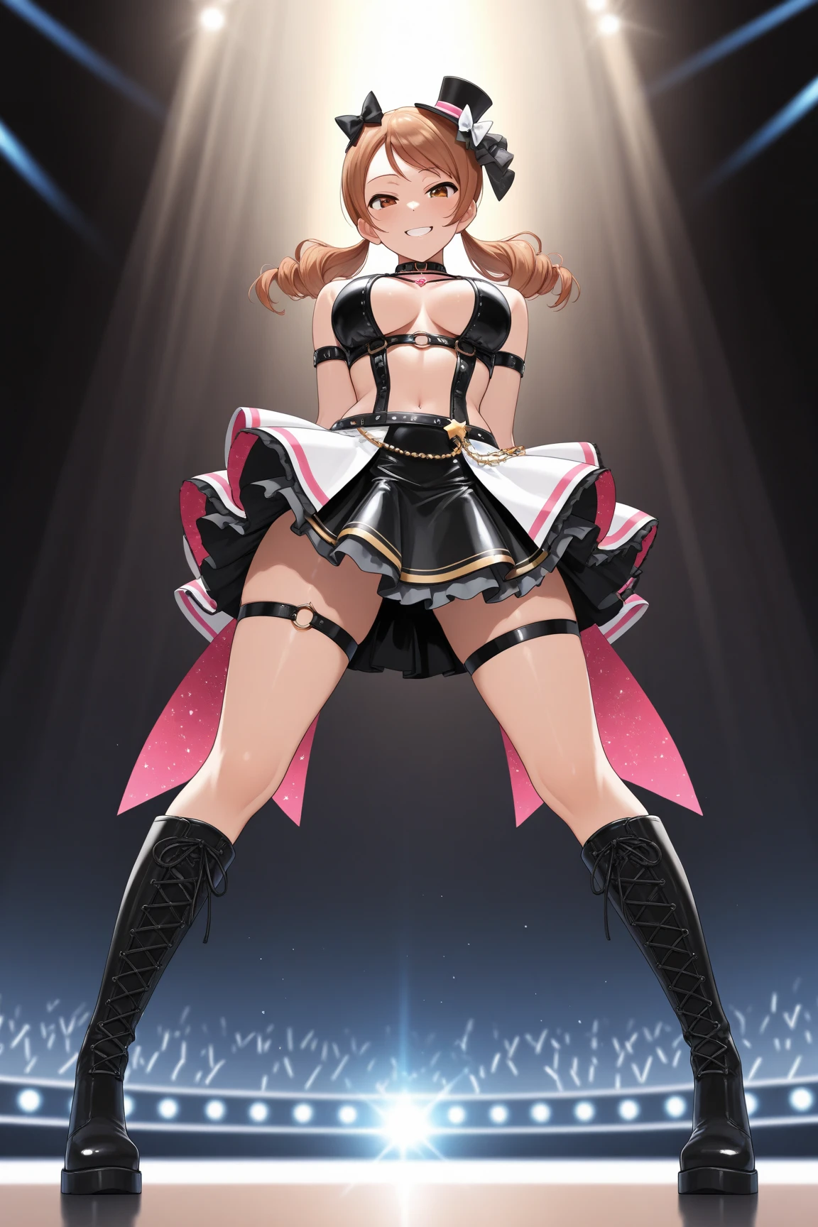 Serena has her back to the camera, wearing a black microskirt with thigh high stockings and a garter belt. She wears pastel pink comor lingerie with white details and is looking at the camera with a smile