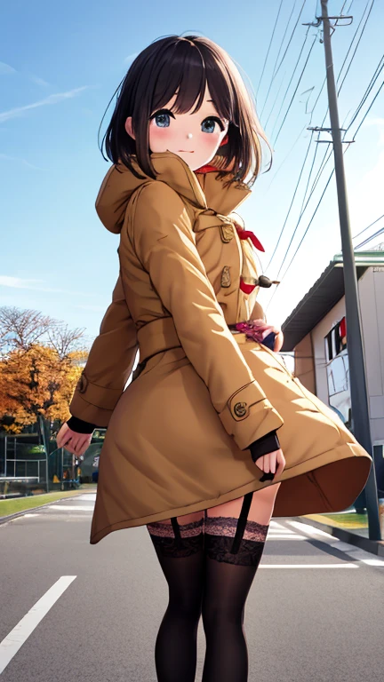 high-definition images, atmospheric perspective, 8k, super detail, accurate, best quality, various composition, a woman, (winter clothes, jacket, skirt), (shy), looking away, (drooping eyes), (sleepy), earrings, spread her legs slightly, crouching, (showing off her panties area of pantyhose), dark hour of down, boots, downtown area, (long-skirt-lining between her legs),
