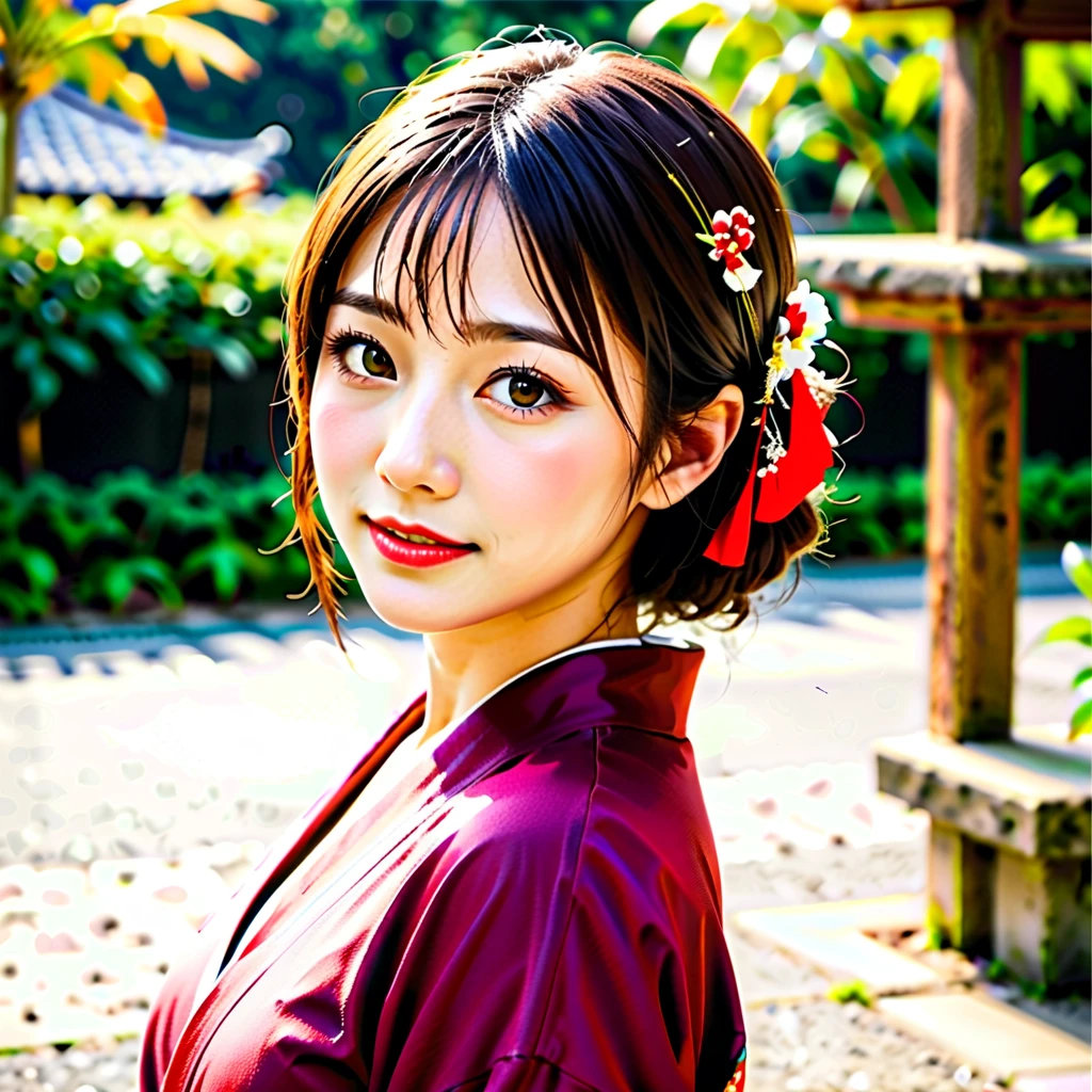 best quality, ultra high res, photoshoot, (photorealistic:1.4), [:(highly detail face: 1.2):0.1], (PureErosFace_V1:0.8 ), closed up portrait of an elegant girl wearing gorgeous red flower kimono and flower in hair, 21yo girl, (temple background:1.1), looking at viewer, facing front, wide angle, full body, 
