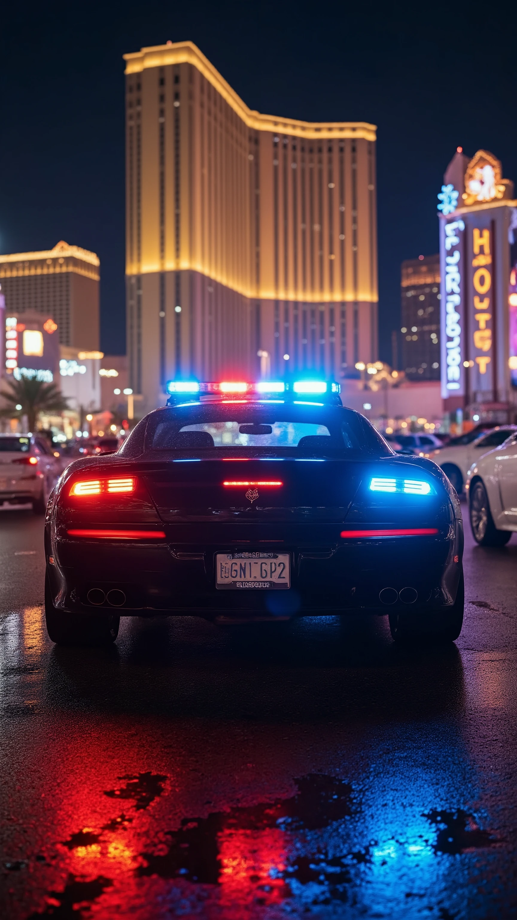 high-definition image 、camera of the police car in the parking lot captures a spectacular side view of the car、The black car Trans Am 7000(Ponteac Firebird)The parking lot in front of a Las Vegas hotel is in the background as if rotating the patrol lights to intimidate the surroundings。in the black car Trans Am 7000、Teeth in the parking lot、 frame teeth in this cinematic shot。while the red and blue patlights spin、and a mirror-like surface towering on both sides of the road It shines in a neon atmosphere、showing bright red and blue patrolights dancing on the ground and city lights。are wrapped in a kaleidoscope of、skyscrapers and、sheriff woman wearing a cowboy hat jumps out、cars and people play leading roles、パトライトが周りを照らす