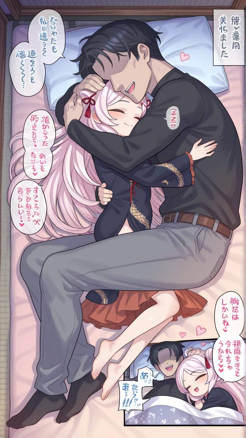 Best Quality , negro & white, Line art, 1 man and 1 woman, 23 years old, Whole body,-Half body, long, Dark, messy hair., White skin,, scary eyes, The sex scene in the manga is cute.: a couple, man and woman having sex in a hotel bed. (( nudes, unclothed))