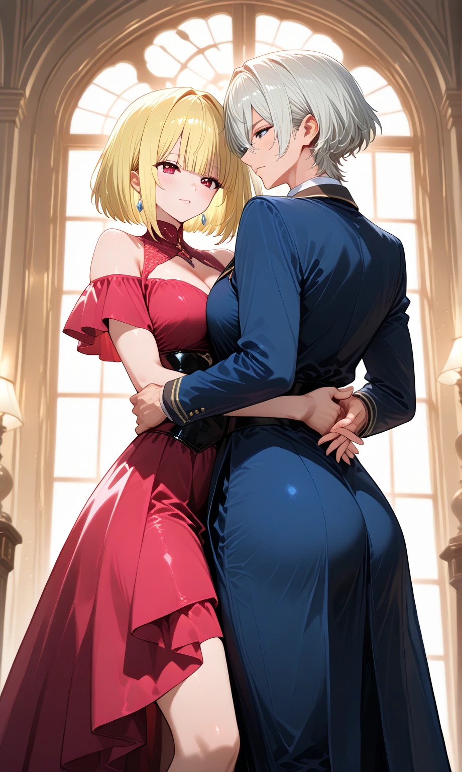 (masterpiece、top-quality、hight resolution), In a dimly lit hotel room, a man sits on the edge of the bed, looking shocked and uncomfortable. Standing in front of him is a woman dressed as an escort, who he quickly recognizes as the delinquent girl who used to bully him in school. Her expression is a mix of surprise and amusement as she realizes who he is. She stands with one hand on her hip and a teasing smile on her face, clearly enjoying his discomfort. The room is simple, with a bed, nightstand, and dim lighting, creating an intimate yet tense atmosphere. The focus is on their facial expressions and body language, highlighting the awkward and unexpected reunion. nsfw, modred, (green eyes:1.5), blonde hair, ponytail, short hair, scrunchie, red scrunchie, hair scrunchie