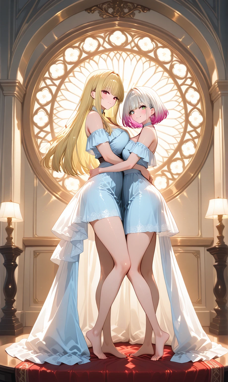 top-quality、masterpiece、white hair、Gold Eye、white clothes、look up to、Hair strands、light skinned、Side braid、(a short skirt:1.5), 2 girls, Beautiful breasts, Full body,Beautiful ,upturned breasts,
