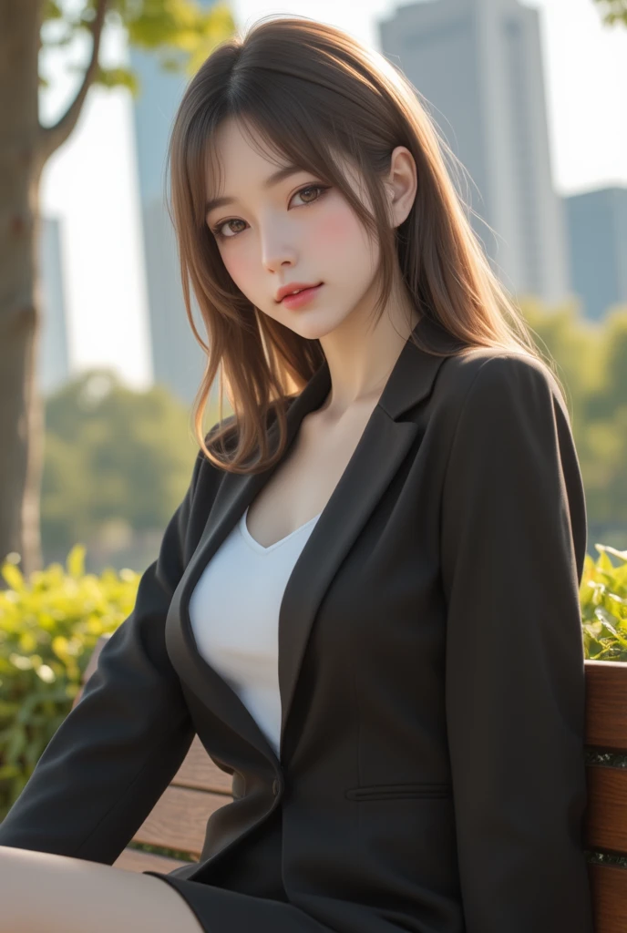 Tabletop, highest quality, shape, Very detailed, In detail, High resolution, 8k wallpaper, Perfect dynamic composition, Beautiful details, Natural Lip,blazer ,, Cleavage, whole body、night、city