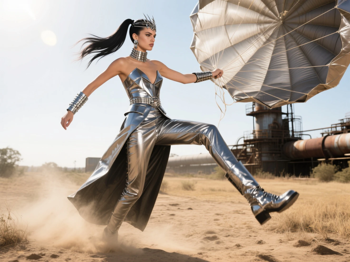 masterpiece, awesome quality, cinematic lighting, detailed, DonMBr0ck3nM1rr0r female interdimensional lawyer, retirement age, statuesque, maori, brown eyes, unusual ears, curved nose, square chin with cleft, toned arms, , dark brown pompadour hair, cry,
sitting cross-legged, attuning to the vastness of the universe.,
wearing carbon-fiber culottes, pastel ar blazer, solar-powered sport sandals, quantum-stitch snapback cap, , displaying bionic limbs or other augmentations. <lora:DonMBr0ck3nM1rr0r:1>