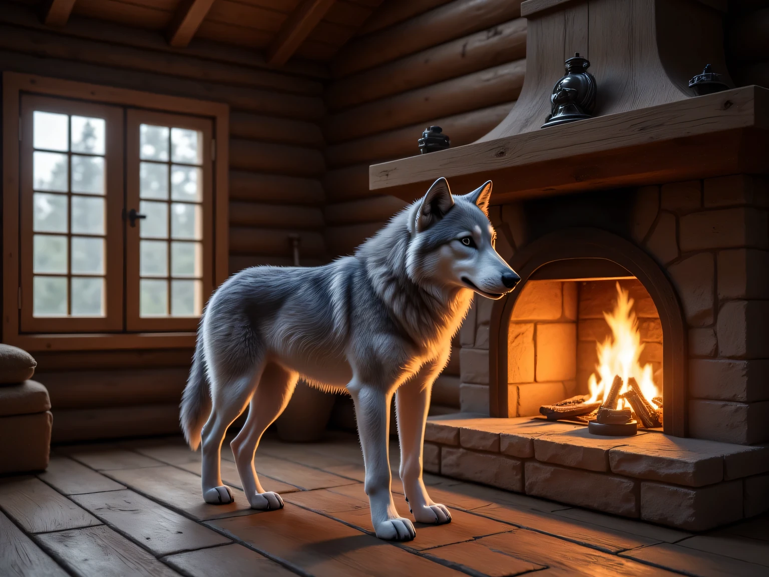 (masterpiece), best quality, 1wolf, a big grey standing next to a large open fireplace, in an old but well kept wood cabin, (best quality, 4K, 8K, high-resolution,) photorealistic, score_9, score_8_up, score_7_up,
