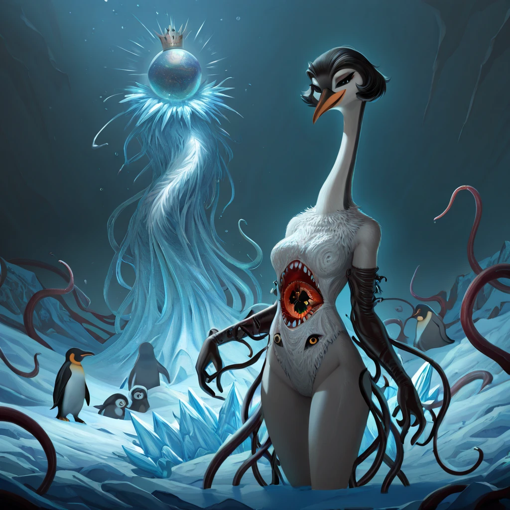 ((NSFW, , best quality, amazing quality, very aesthetic, extremely detailed, intricate details, minute details, detailed background, dramatic cinematic lighting:1.4,incredibly_absurdres, hard light:1.4, masterpiece 8k, vivid colors, rich palette, score_9, score_8_up, score_7_up,), penguin, king penguin, anthro penguin, 1woman, naked, medium breasts, Ice, black eyes, black sclera, short hair, arm gloves, smug, leotard, thighhigs, eldritch horror, tentacles, long neck, extra mouth, extra eye, tall\(tentacles in body, glaciar, cosmic, tentacles on background\)