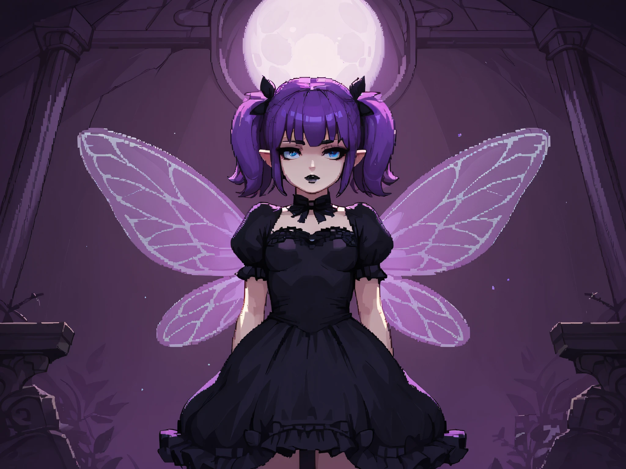 score_9_up, score_8_up, score_7_up, 1girl, solo, source_anime, pixel art, fairy, FairyForm, Fairy Wings, Wings BREAK
Short twintails, fairy wings, bangs, small breasts, purple hair, blue eyes BREAK
Gothic dress, black dress, puffy sleeves, short sleeves, black lipstick, (pale skin) BREAK
Looking away, emotionless face, front view, standing, indoors, (abandoned mansion), crumbling walls, (purple walls), ((night sky, dark clouds), window, fullmoon