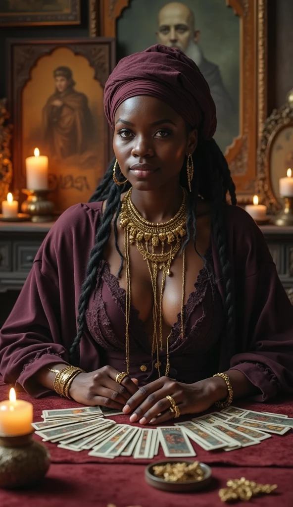 Gothic style portrait of a beautiful goth Haitian woman, long black and indigo box braids, yellow iris, wearing a Vampire Queen Costume, ornate ruby necklace, badass, glamour, BREAK, (arrogant:0.9), tear drop boobs, stretch marks and cellulite, (grain filter:0.8), (overexposed filter:0.6), candlelight lighting . Dark, mysterious, haunting, dramatic, ornate, detailed