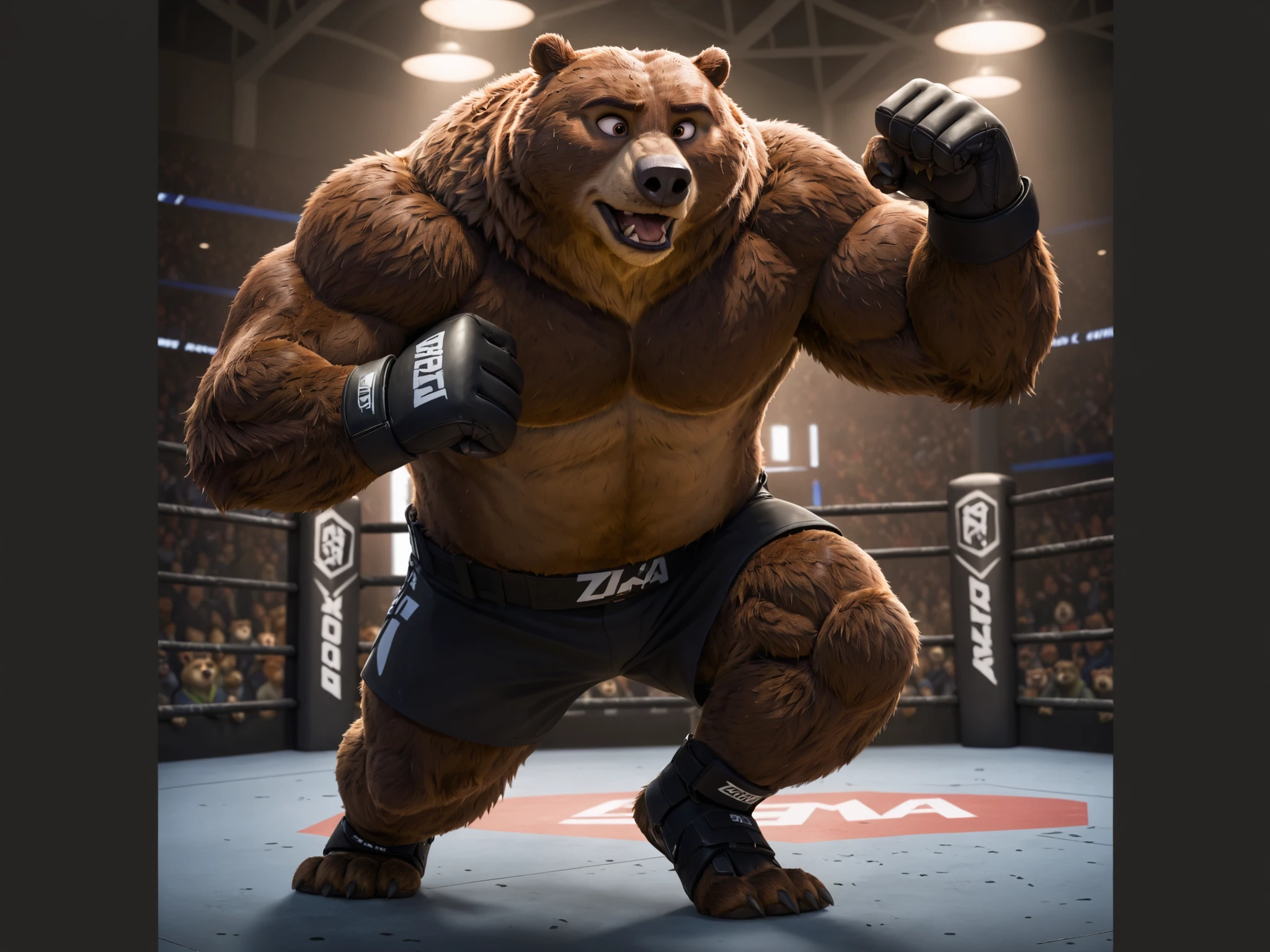 Solo, 1boy, A huge muscular grizzly bear at the UFC MMA Fighting Tournament, big smirk, grizzly bear, huge thick brown fur, thick arms, huge arms. Buzz cut, (huge thick muscular, huge pectoral, wide pectoral, thick arms, thick neck), bulky, bulking, hulking, correct anatomy, veins all over the body and neck, caged arena, fighting ring, realistic, 8k, masterpiece, added light brown eyebrows, detailed eyes with brown pupils, (wearing black mixed martial arts shorts with red slits, mixed martial art fingerless gloves with red pads, black toeless footwear and shirtless and topless), kicking techniques, uppercut punching movements. Champion