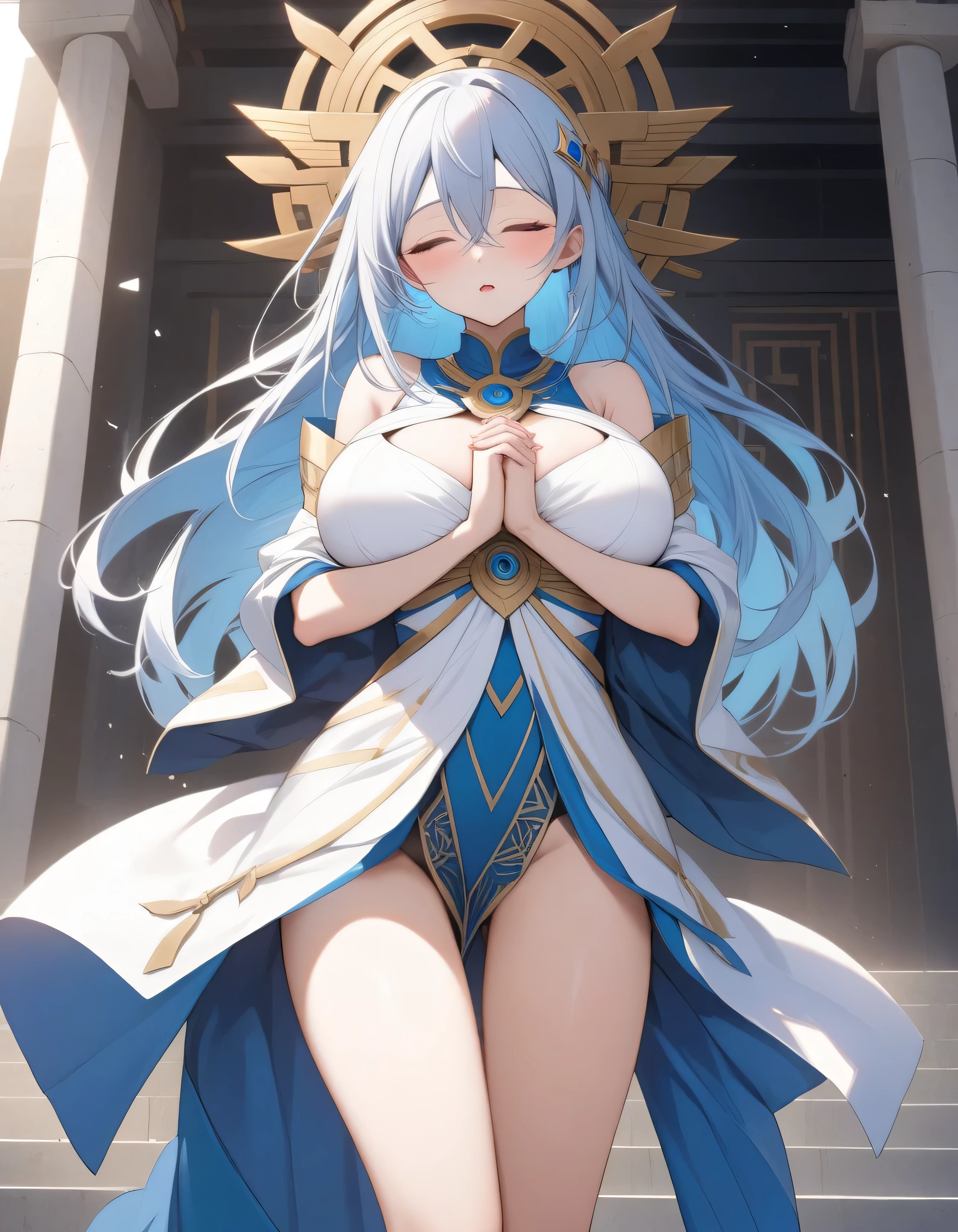 1girl in, Solo, Perfect body, (Super Detail:1.1), (Best Quality:1.1), Cute Girl, Lori, Gamine, Golden eyes, (Ultra-detailed eyes:1.1), (ultra-intricate pupil in eyes:1.2), goddes, Goddess clothing, Deities々Background, Wings of the Archangel, Pure white costume, blue hairs, Very long hair, very large breast, big boobs, Arms outstretched, Standing Picture, on clouds, seducting smile, sideboob barbosa,