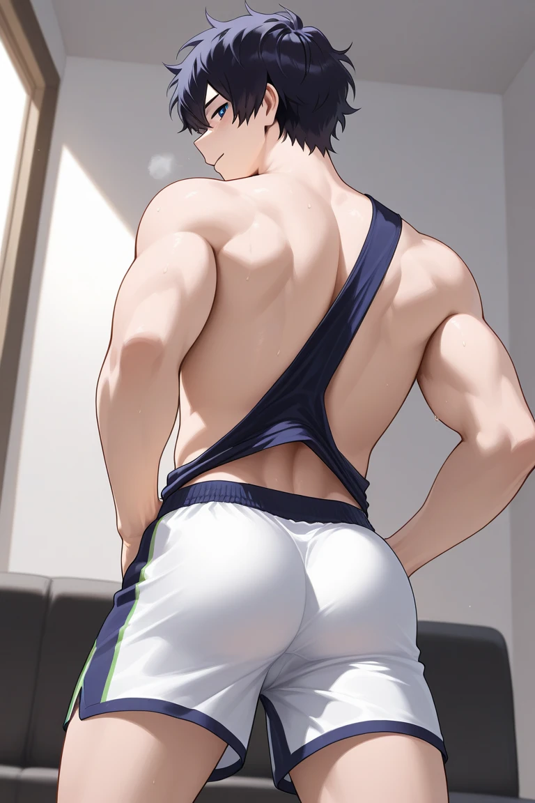 Wearing black shorts、Cartoon man without shirt leaning against the wall, Cool anime poses, muscular!!, muscular的姿势, The strongest posture, muscular!, muscular!!!, Anime handsome man, Handsome guy in the art of slaying demons, muscular character, male anime character, perfectly shaded body, Smooth anime CG art, gigachad muscular, Kentaro Miura Art, Back posture