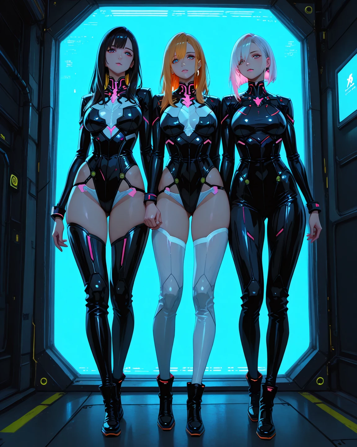 Two sexy Android twin girls posing next to each other back to back with a half turn, they have long pink hair in pink suits with small yellow elements, the women are half cyborg modifications Beautiful sexy with bright yellow eyes stand in full height with a half turn sideways Anime Style black background Cyberpunk style, Robot Girl, black background image of night black city and pink neon lights
